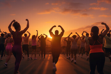 group of diverse people exercise while the sun is rise
