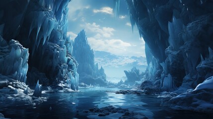 Blue ice cave interior with icy columns. - obrazy, fototapety, plakaty