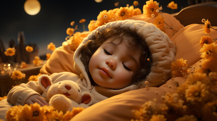 Baby sleeps in dreams bed.
