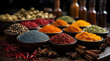 Various spices and grains laid out on a marketplace table.