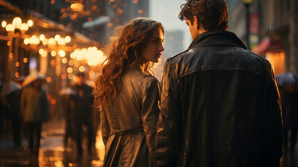 Back view of young couple walking in modern city.