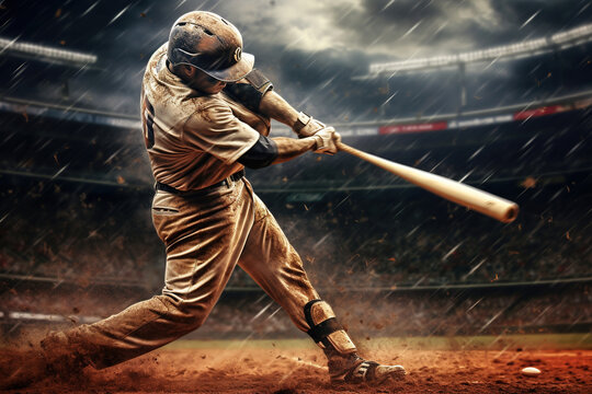 baseball player hitting ball hard