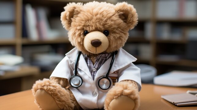    Teddy bear doctor with a stethoscope in a fuzzy setting.