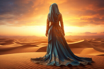 Arabian woman in the desert at sunset travel conception - obrazy, fototapety, plakaty