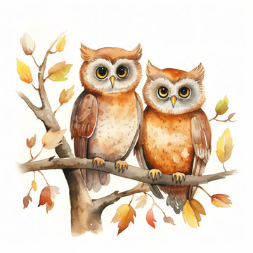 Watercolor of owl family on tree cartoon isolated on white background