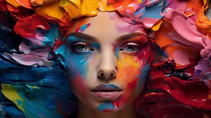 Pretty painter girl portrait, smeared in multicolored paints for drawing view from above, symbolizes artist dedication to creative expression, artistic passion and joyful messiness of creative process