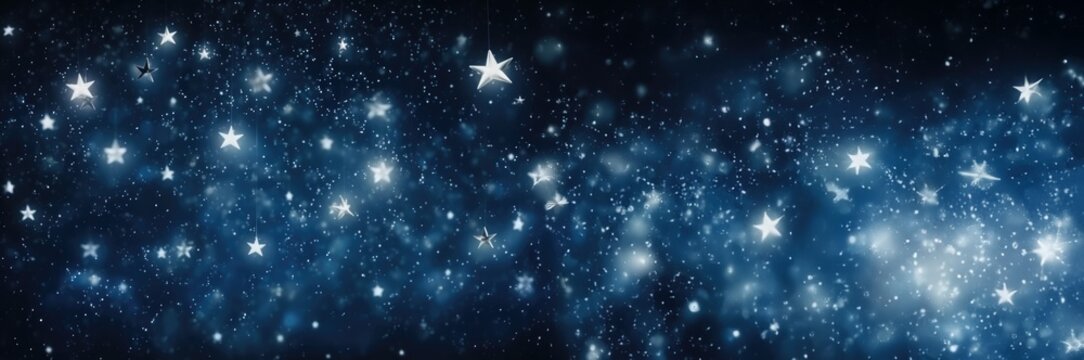 Festive starry sky background with blue light bokeh. New year and Christmas concept
