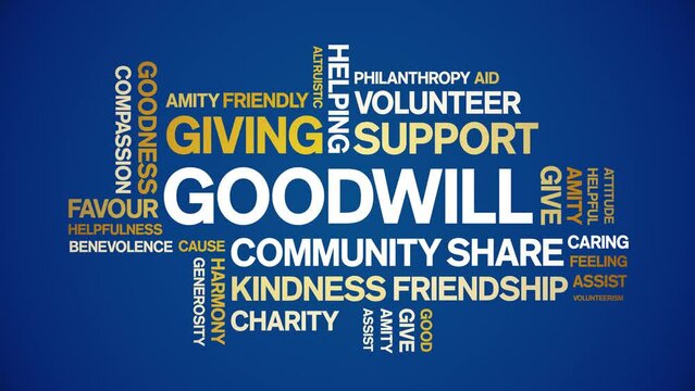 Goodwill animated tag word cloud;text design animation kinetic typography seamless loop.