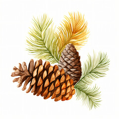 Watercolor of pine cones and leaf in autumn season isolated on white background
