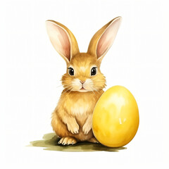 Fototapeta na wymiar Watercolor of rabbit on yellow egg cartoon isolated on white background