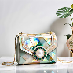 Nature-Inspired Elegance: A women's handbag crafted with mother-of-pearl, pearls, and gemstones.(Generative AI) 
