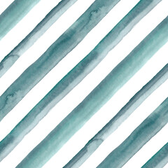 Diagonal watercolor stripes in ligh teal green. Seamless pattern. 