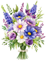 Watercolor illustration of beautiful purple and blue flowers bouquet. Graduation flowers bunch. Creative graphics design. 
