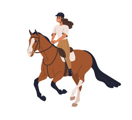 Horse, equine rider, riding horseback. Happy woman, girl equestrian on galloping stallion. Horseriding activity. Horsewoman training. Flat graphic vector illustration isolated on white background