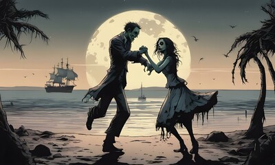 Zombies dancing under a pale moonlight