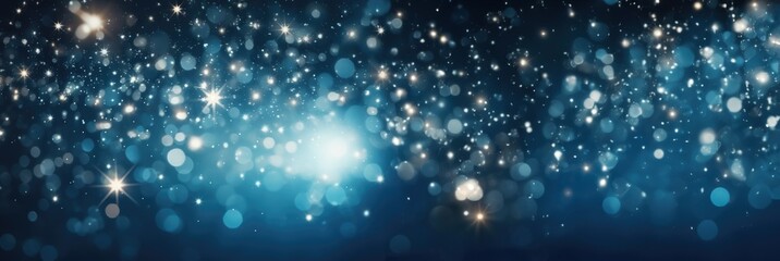 Fototapeta na wymiar Festive starry sky background with blue light bokeh. New year and Christmas concept