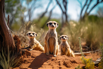 Fototapeta premium Meerkat family watchful and look curiously in the desert grassland, midday.