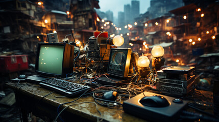 Many old discarded electronics. - obrazy, fototapety, plakaty