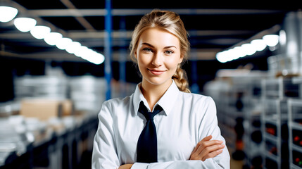 SMILING BUSINESS WOMAN MANAGER OF A FOOD ENTERPRISE CONTROLS THE PRODUCTION PROCESS. legal AI
