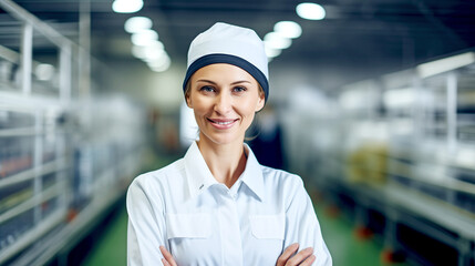 SMILING BUSINESS WOMAN MANAGER OF A FOOD ENTERPRISE CONTROLS THE PRODUCTION PROCESS. legal AI