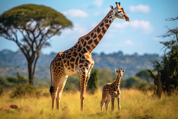 Naklejka na ściany i meble Giraffe mother and baby in grassland savanna day time, tallest animal in the world.