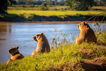 Group of capibaras relaxing near swamp water.
