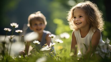 summer, sunny day, park, forest, flowers, children, cute boy and girl. generative AI