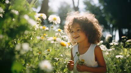 summer, sunny day, park, forest, flowers, children, cute girl. generative AI