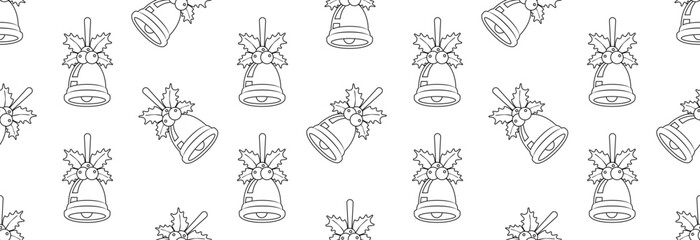 Christmas bell with leaves and berries in a black outline on a white background. Seamless pattern.