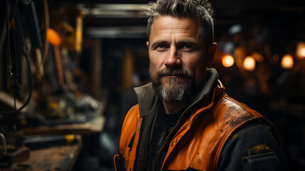Portrait of a carpenter standing in a workshop.