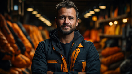 Obraz premium Portrait of a carpenter standing in a workshop.