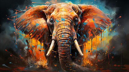painting of a elephant face with colorful paint splatters - obrazy, fototapety, plakaty