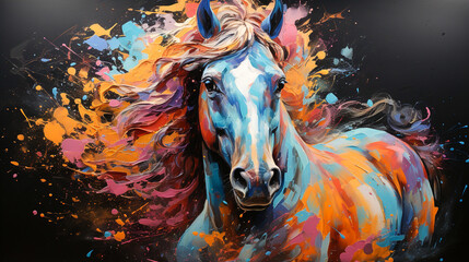 painting of a horse face with colorful paint splatters - obrazy, fototapety, plakaty