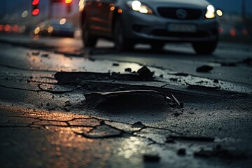 damaged asphalt pavement road with potholes and blurred car in background 