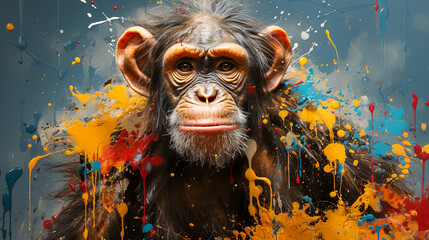 painting of a monkey face with colorful paint splatters