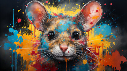 painting of a mouse face with colorful paint splatters - obrazy, fototapety, plakaty