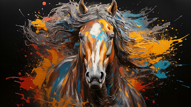 painting of a horse face with colorful paint splatters