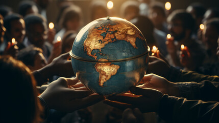 Group of people hands holding a globe earth.