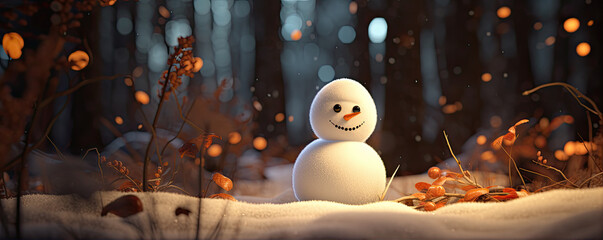 Cute snowman in winter forest. Happy Snow man with copy space for text.