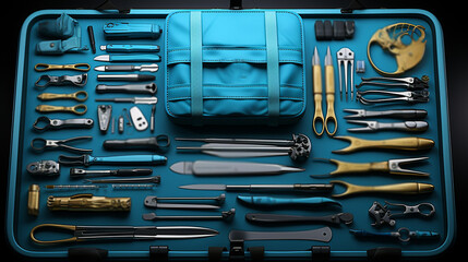 Top view. Set of surgical tools in hospital. - obrazy, fototapety, plakaty