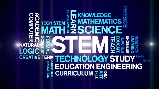 STEM animated tag word cloud;text design animation kinetic typography seamless loop.