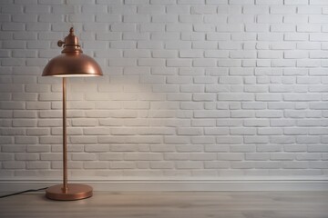 empty Room with copper metal lamp over white brick wall
