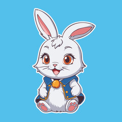 A white bunny in a kawaii style sits in a blue vest on a plain background. Raster illustration in vector style. Sticker.