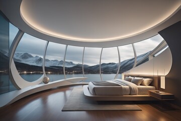 Futuristic interior design of modern bedroom with ellipse shaped windows 