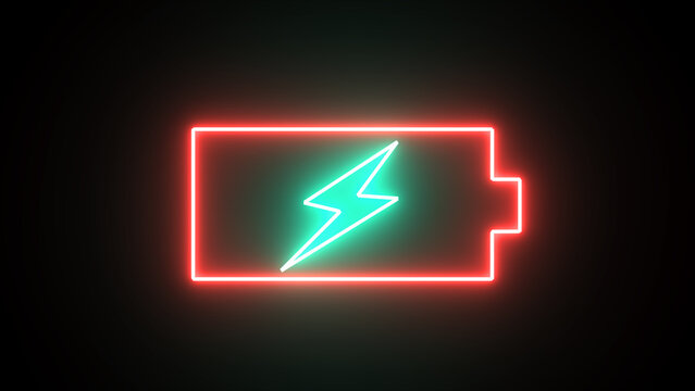 Glowing blue and red neon line Battery icon animated video. Lightning blinking bolt symbol
