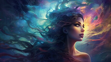 Horizontal illustration of a mystical woman surrounded by colorfull lights in a dark atmosphere AI generated