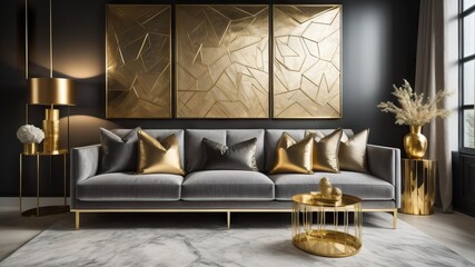 Gray sofa with gilding fabric cushions against venetian plaster with gold leaf wall. Hollywood glam style interior design of modern living room 