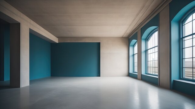 Interior background of empty room with stucco wall, plant and closed door