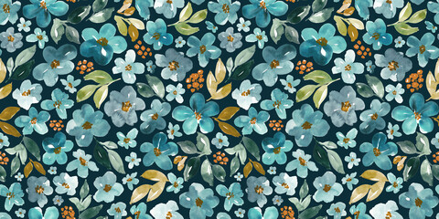 Watercolor floral in blue, teal, green, rust and ochre. Seamless hand-painted botanical pattern. 
