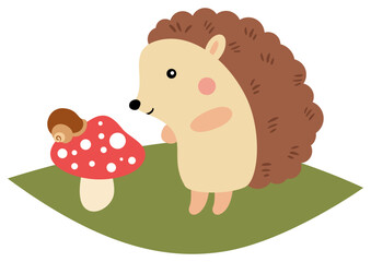 Cute hedgehog looking for a snail on top of mushroom